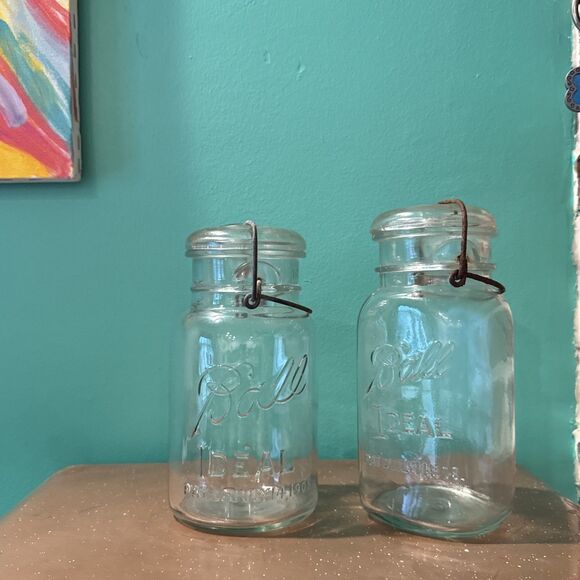 2 Ball Ideal Canning Glass Jars with Wire Bale Round No 10 & Square No 8 - Picture 1 of 16